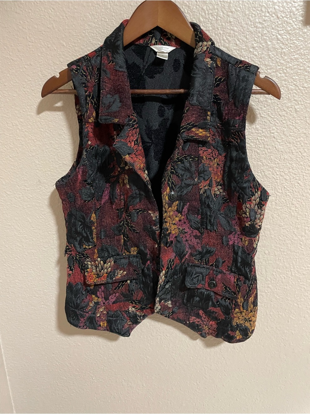 Christopher & Banks Black Brocade Vest with Burgundy and Gold Accents Waistcoat
